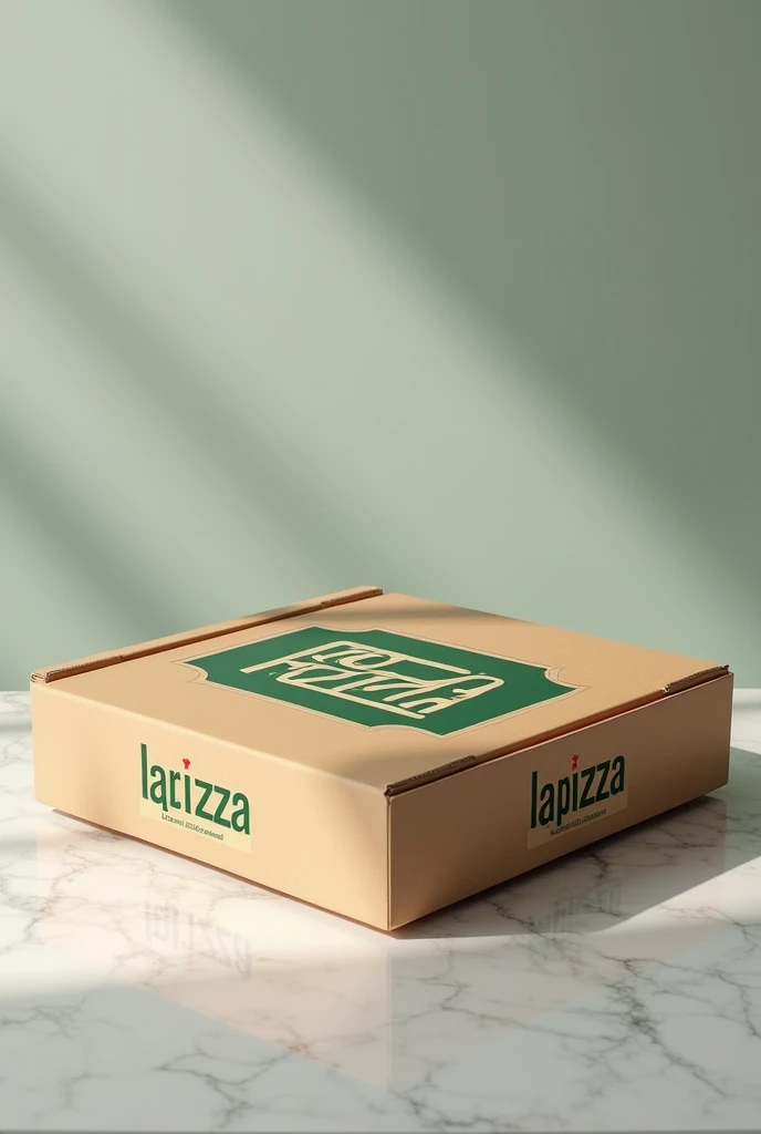 create a realistic and detailed pizza box on the counter with the label written on it "LaPizza" Italian fashion with green background
