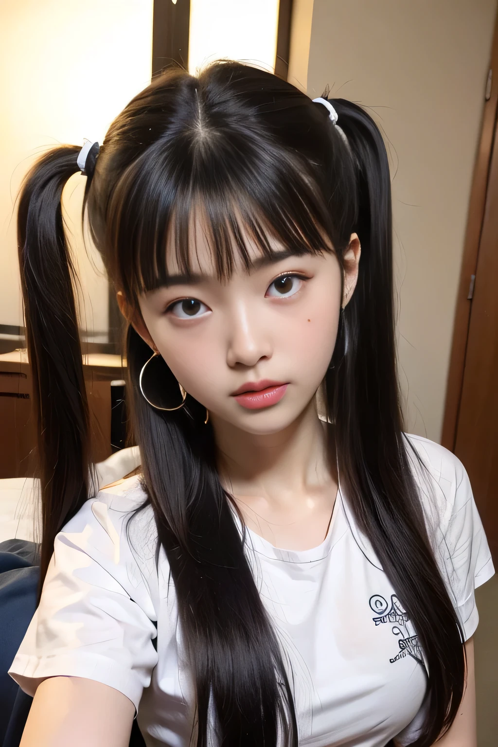 Photo realistic、Photorealistic　Black-haired、Straight Hair,((Twin tails))、Blunt bangs　drooping eyes、Iris、Plump Cheeks、Round face contours　,((18-year-old、high school girl))、Sappin&#39;、Sailor suit、ribbon、Skirt、Drenched in sweat　Enjoy the facial expressions、((Laughter:Showing teeth)))、Big ample breasts、low length、Vaginal、Female organ、、　Boldly open your legs、Normal bit、Insert、Vaginal Insert、