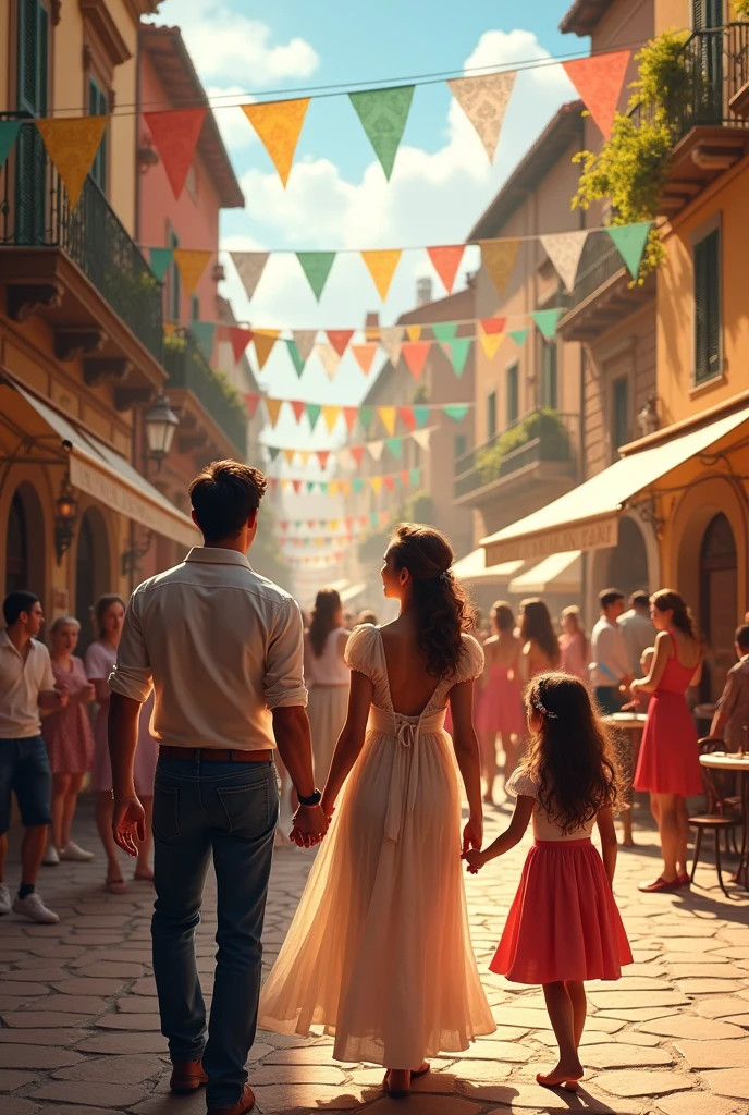 create an image of a picturesque square in an Italian city, with people dancing, talking and celebrating and 1 man and 1 woman and their two young daughters looking on