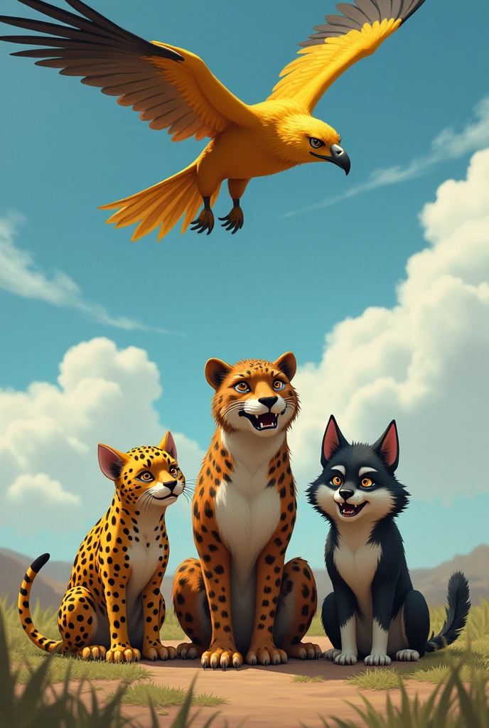 the animals giant anteater, jaguar and wolf small and crying with golden caracara on top flying high