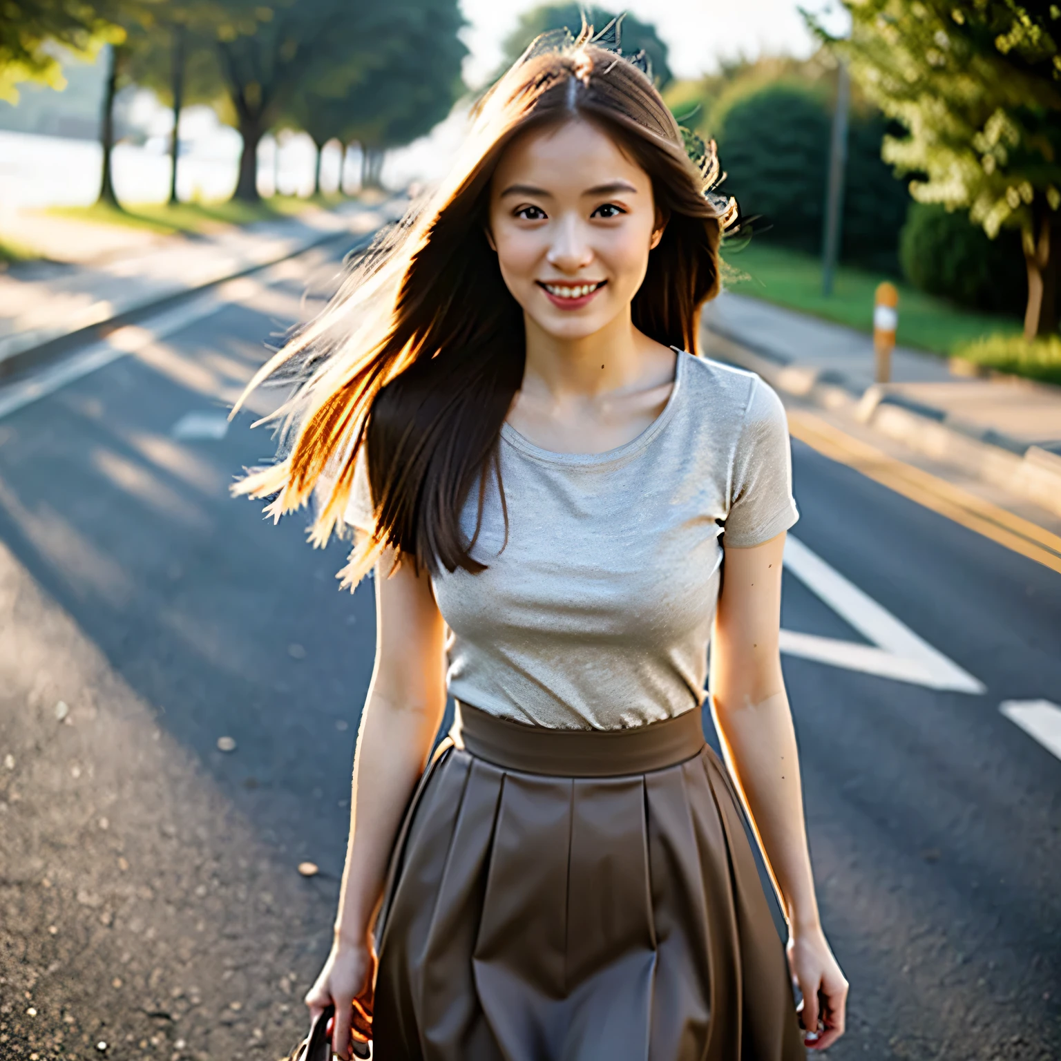 Highest quality, One beautiful woman, Long Hair, Brown Hair, Wearing a camisole & skirt, A shy smile, sunlight, on the road,photoRealistic,Realistic,8k,High resolution,Cinemagraph,bust