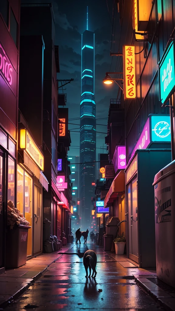 A scruffy, thin stray cat named Whiskers with a determined look in his eyes, wandering the neon-lit streets of NeoPaws City at night. The city is a blend of futuristic skyscrapers, holographic advertisements, and dark alleyways. Background elements include overflowing trash cans, scattered food scraps, and a few other stray animals. The cityscape is vibrant with neon lights and towering buildings, casting a mix of shadows and colorful glows."