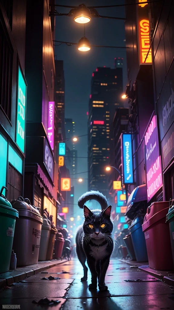 A scruffy, thin stray cat named Whiskers with a determined look in his eyes, wandering the neon-lit streets of NeoPaws City at night. The city is a blend of futuristic skyscrapers, holographic advertisements, and dark alleyways. Background elements include overflowing trash cans, scattered food scraps, and a few other stray animals. The cityscape is vibrant with neon lights and towering buildings, casting a mix of shadows and colorful glows."