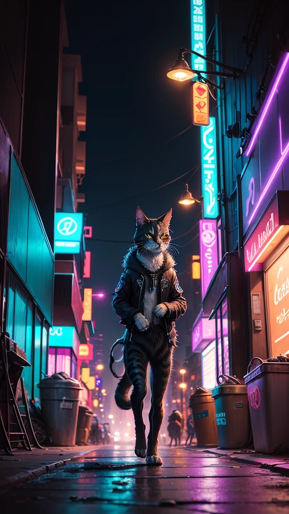 A scruffy, thin stray cat named Whiskers with a determined look in his eyes, wandering the neon-lit streets of NeoPaws City at night. The city is a blend of futuristic skyscrapers, holographic advertisements, and dark alleyways. Background elements include overflowing trash cans, scattered food scraps, and a few other stray animals. The cityscape is vibrant with neon lights and towering buildings, casting a mix of shadows and colorful glows."