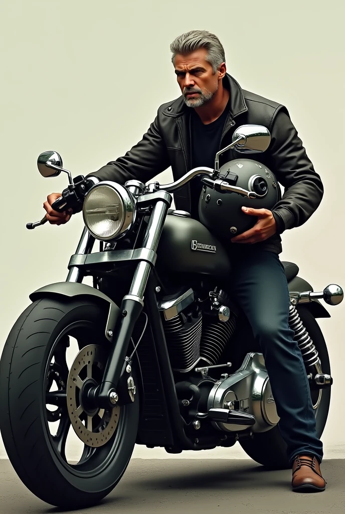 Create a realistic photo of a man on a powerful motorcycle, where his face appears and he is holding a helmet, the photo needs to take the entire bike from the side