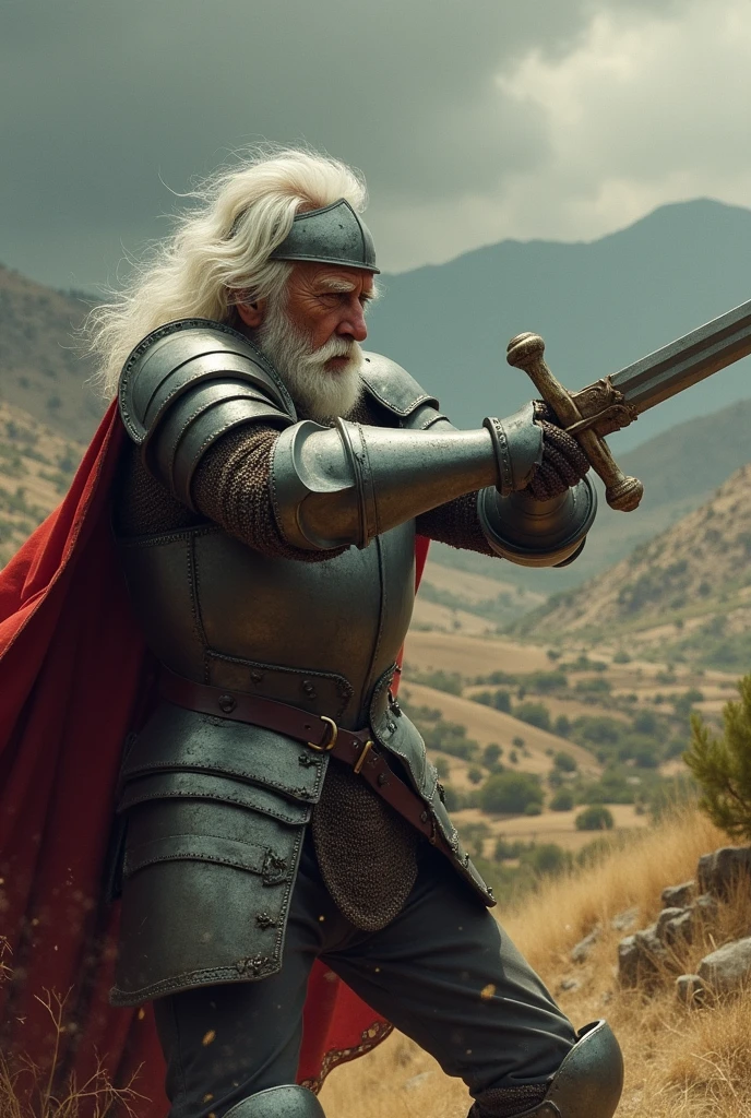 Don Quixote of La Mancha with medieval iron armor and helmet, old man with white crazy hair having a sword stroke from a gentleman