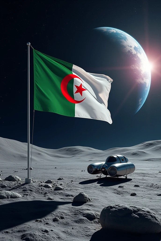 Drapeau algérien sur la Lune avec la terre au loin et le Soleil l'espace magnifique avec des étoiles à couper le souffle avec un vaisseau spatial de création algérienne poser sur la Lune avec le slogan de l'Algérie one two three vive l'Algérie
