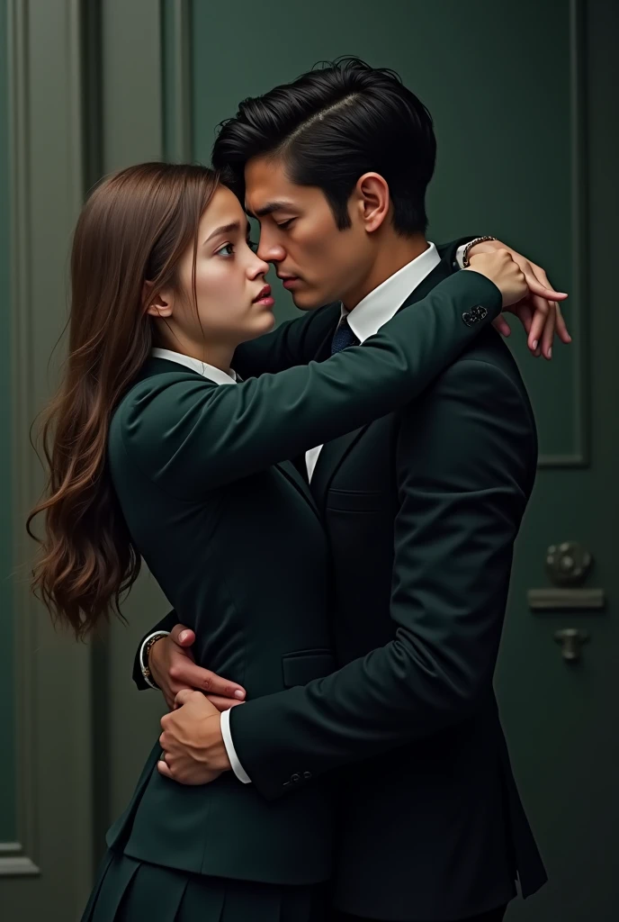- a man and a girl, the girl hug him from behind with wrapping her arms around his neck while the man looks like he wants to escape from her
- both of them are wearing boarding school uniform
- the girl is brown hair and brown eyes while the man is black hair and green eyes