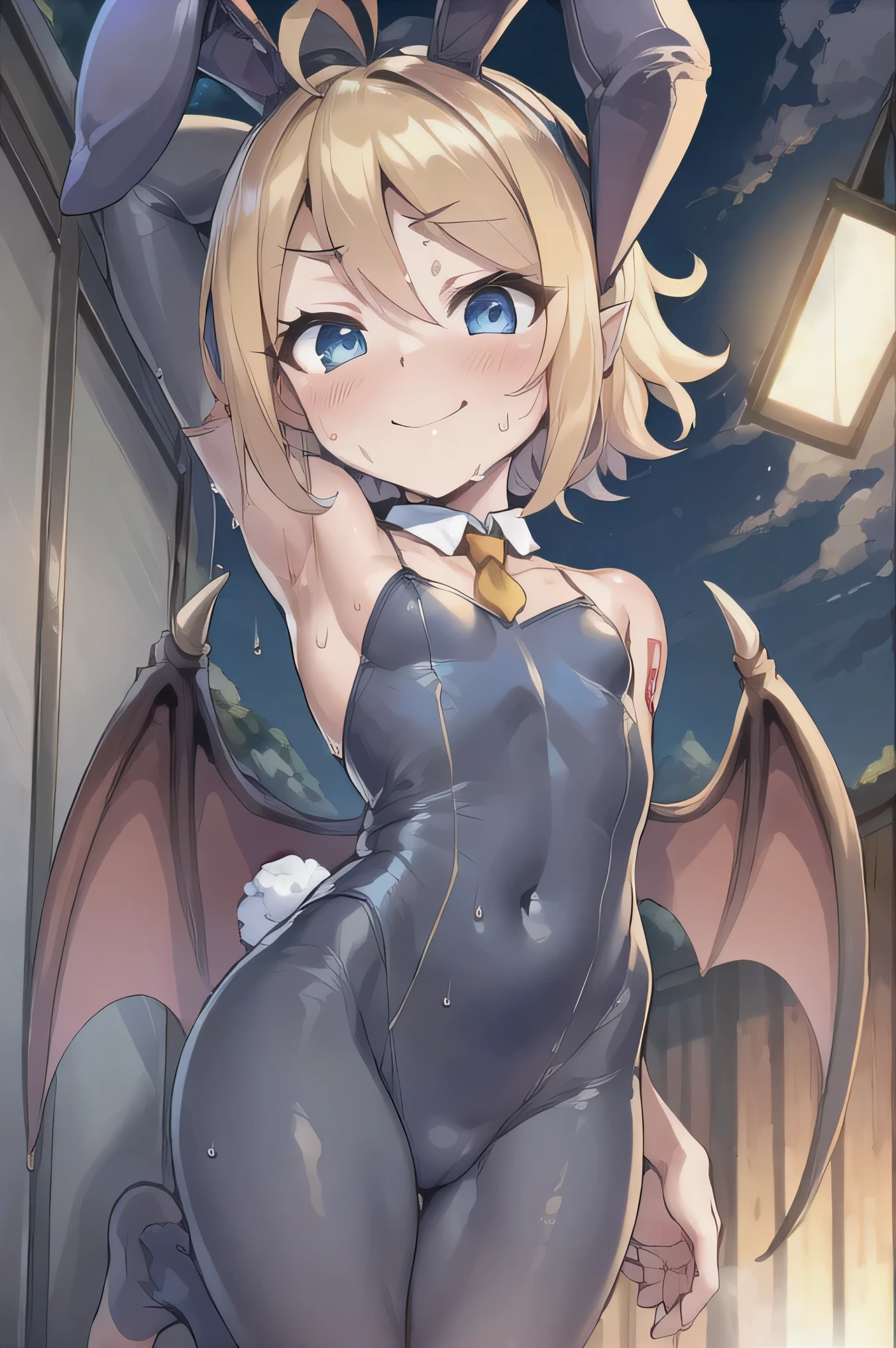 (((masterpiece))), ((Highest quality)), (Very detailed), ((High resolution)), ((8k)), ((Anatomically correct)), A very cute person, Baby Face, (Young face), (Small breasts), (Kagamine Rin), Short Hair, Blonde, Letting down your bangs, (Short), (Petite), Charming smile, Light blue eyes, Best moment, Delicate arms, Detailed skin texture, Intricate details, Very detailedな顔, Beautiful thighs, Beautiful curves, (Sweating), ((Bunny Suit)), ((With devil's wings on my back)), Looking up, Under the night's canopy, Love your audience, (heart), The whole body is visible, You're inviting your audience, barefoot, Alluring navel,