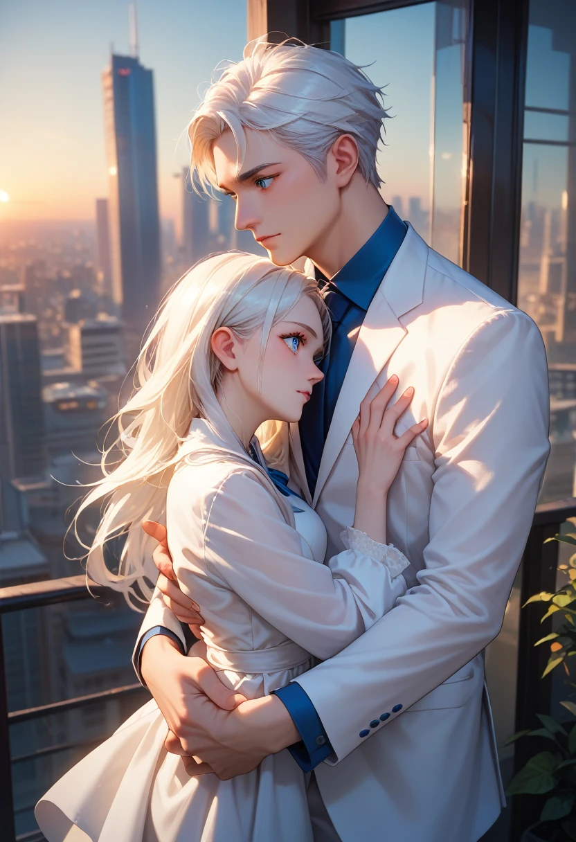 A white-haired, blue-eyed man in a white suit carries a white-haired, blue-eyed girl on his back in the middle of the city at sunset.