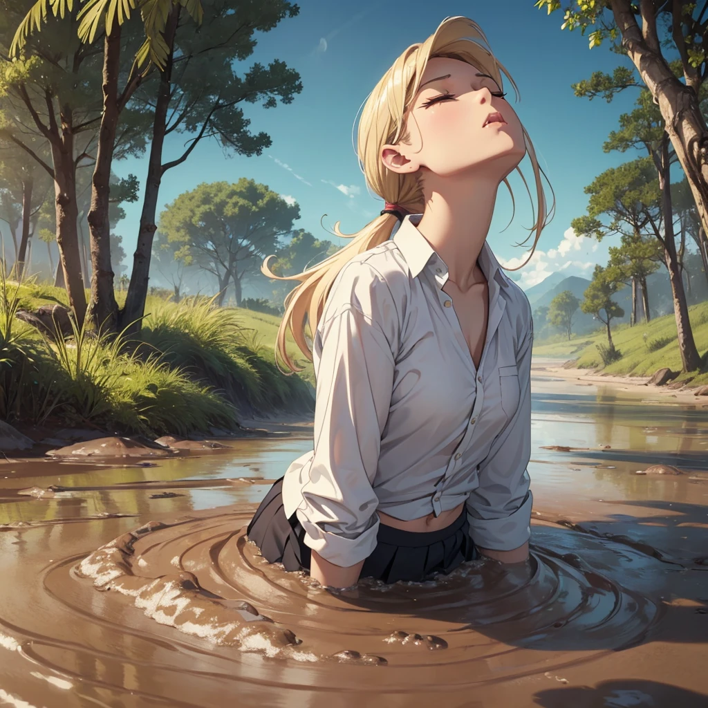 1girl, solo:1.5, masterpiece, best quality, high res, highly detailed, (illustration), beautiful detailed eyes, yuigahama yui, blonde hair ponytail, glossy lips, light makeup, orgasm, (looking up to the sky:1.5), (mouth open:1.2), intimate moment, school shirt, (quicksand:1.4), (submerged up to her torso), (from side:1.4), bog, swamp, grass, trees, (eyes closed:1.3), gasping expression,