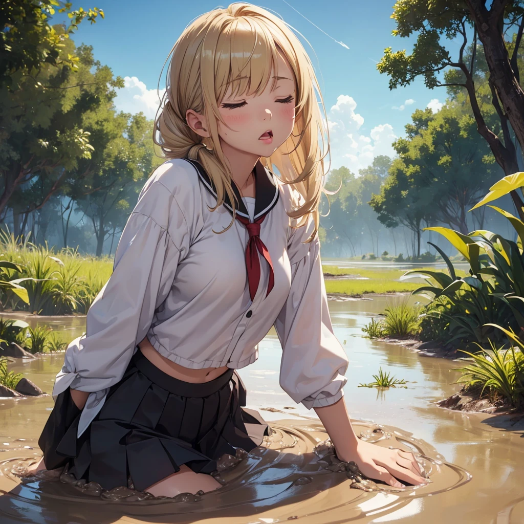 1girl, solo:1.5, masterpiece, best quality, high res, highly detailed, (illustration), beautiful detailed eyes, yuigahama yui, blonde hair ponytail, glossy lips, light makeup, orgasm, (looking up to the sky:1.5), (mouth open:1.2), intimate moment, school shirt, (quicksand:1.4), (submerged up to her torso), (from side:1.4), bog, swamp, grass, trees, (eyes closed:1.3), gasping expression,