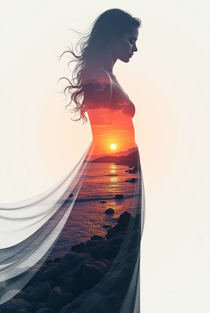 high quality, 8K Ultra HD, A beautiful double exposure that combines an goddess silhouette with sunset coast, sunset coast should serve as the underlying backdrop, with its details incorporated into the goddess , crisp lines, The background is monochrome, sharp focus, double exposure, by yukisakura, awesome full color,