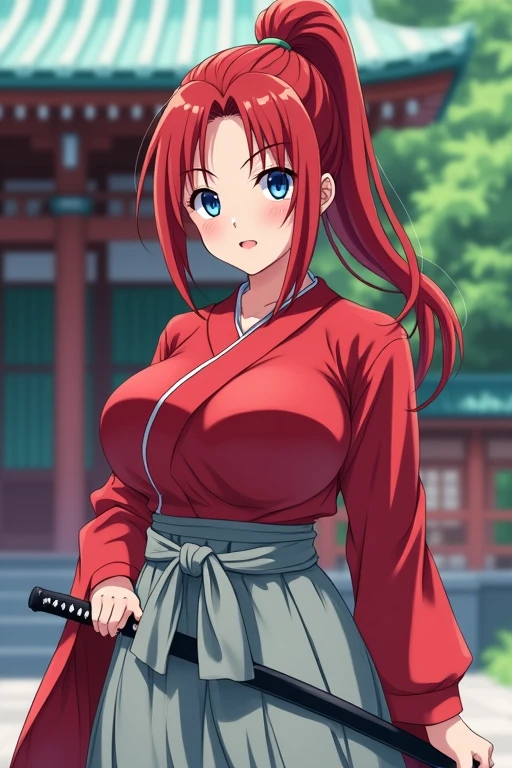 Anime Japanese female Shrine maiden Crimson hair Ponytail Blue eyes One samurai sword on left hip Scarlet shirt Light grey skirt Large breasts Large butt Narrow eyes