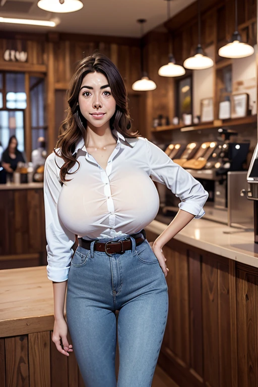 1girl, far from camera, (24mm wide angle lens:1.5), (medium cowboy shot), (side view:0.8), (candid), (casual), fun, excited, happy, (cute), joy, soft lighting, backlit, younger, extremely tall  aged 18,g Aubrey Plaza aged 18), (ext long torso), (extremely long neck), (skinny), (arafed), (slim), symmetric eyes, (large head:1.2), coffee shop, trendy, latte, busy, barista, diverse people, symmetric breasts, long buttonhirt, plain lolong pants, belt, (auburn hair), (huge colossal gigantic sagging breasts), (big flowing extremelwavy hair), bangs, cleavage, making coffee, jaw dropping gorgeous beautiful woman, (dimples:1.25), freckles