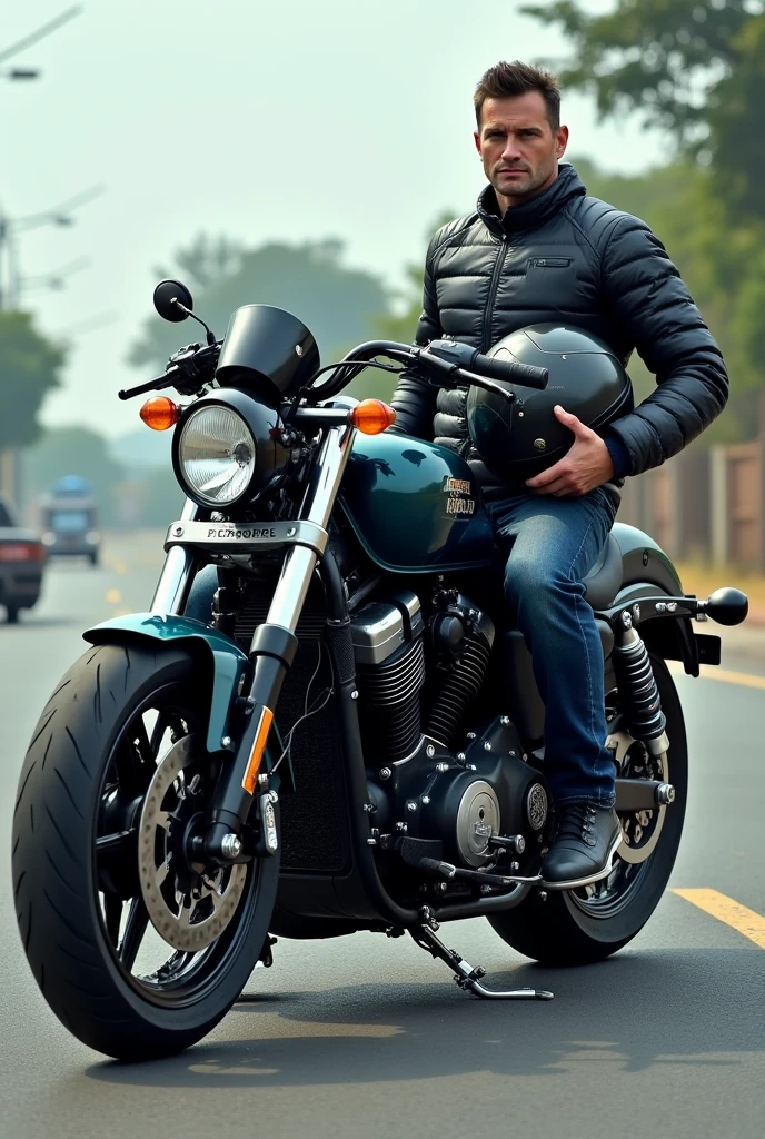 Create a realistic photo of a man on a powerful motorcycle, where his face appears and he is holding a helmet, the photo needs to take the entire bike from the side, put a background with a realistic road