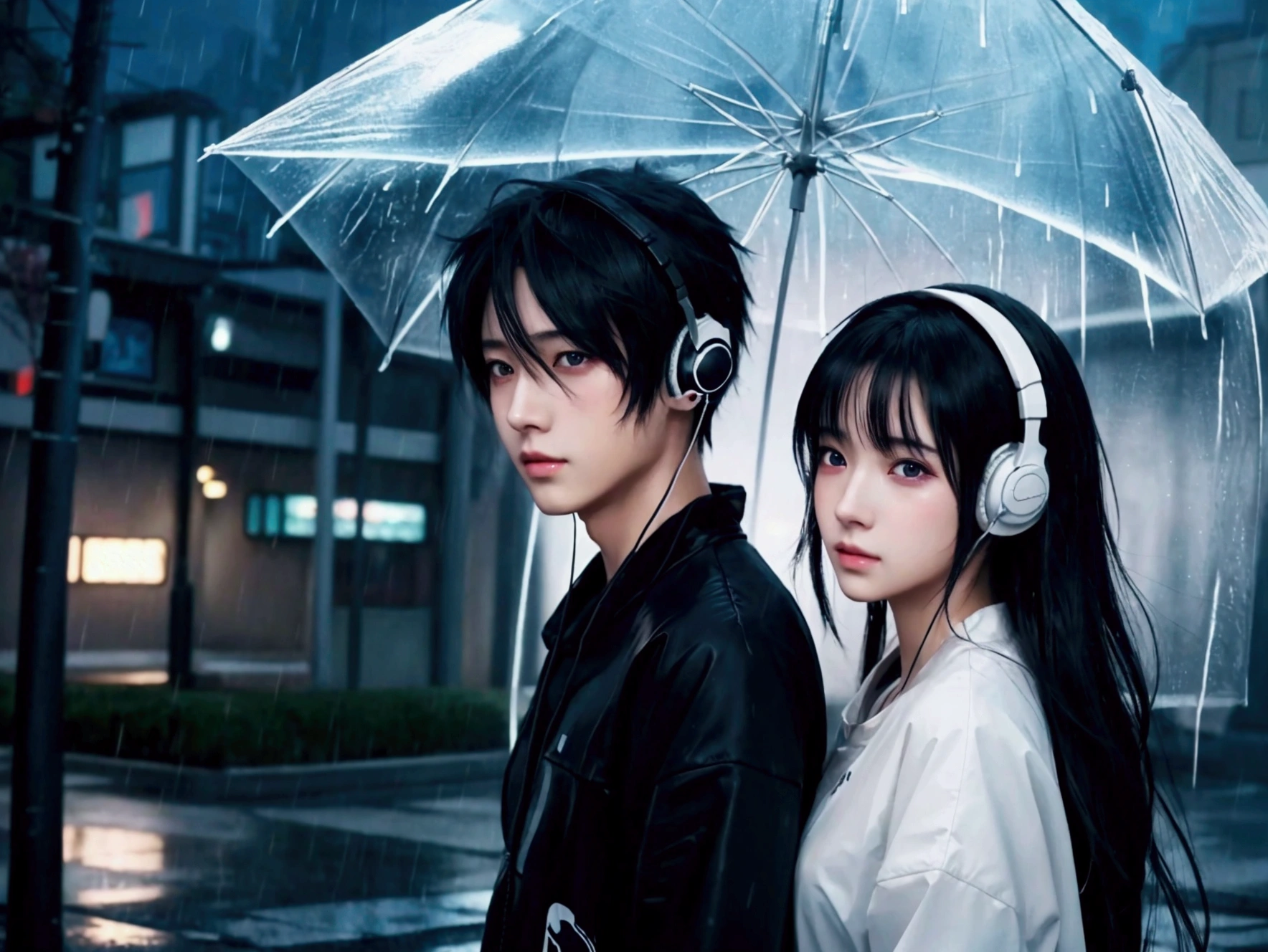 anime couple in the rain with headphones on, anime style 4 k, nightcore, artwork in the style of guweiz, with headphones, anime art wallpaper 4k, anime art wallpaper 4 k, lofi artstyle, loish and ross tran, 4k anime wallpaper, headphones, emotional concept art, anime wallpaper 4k, anime wallpaper 4 k