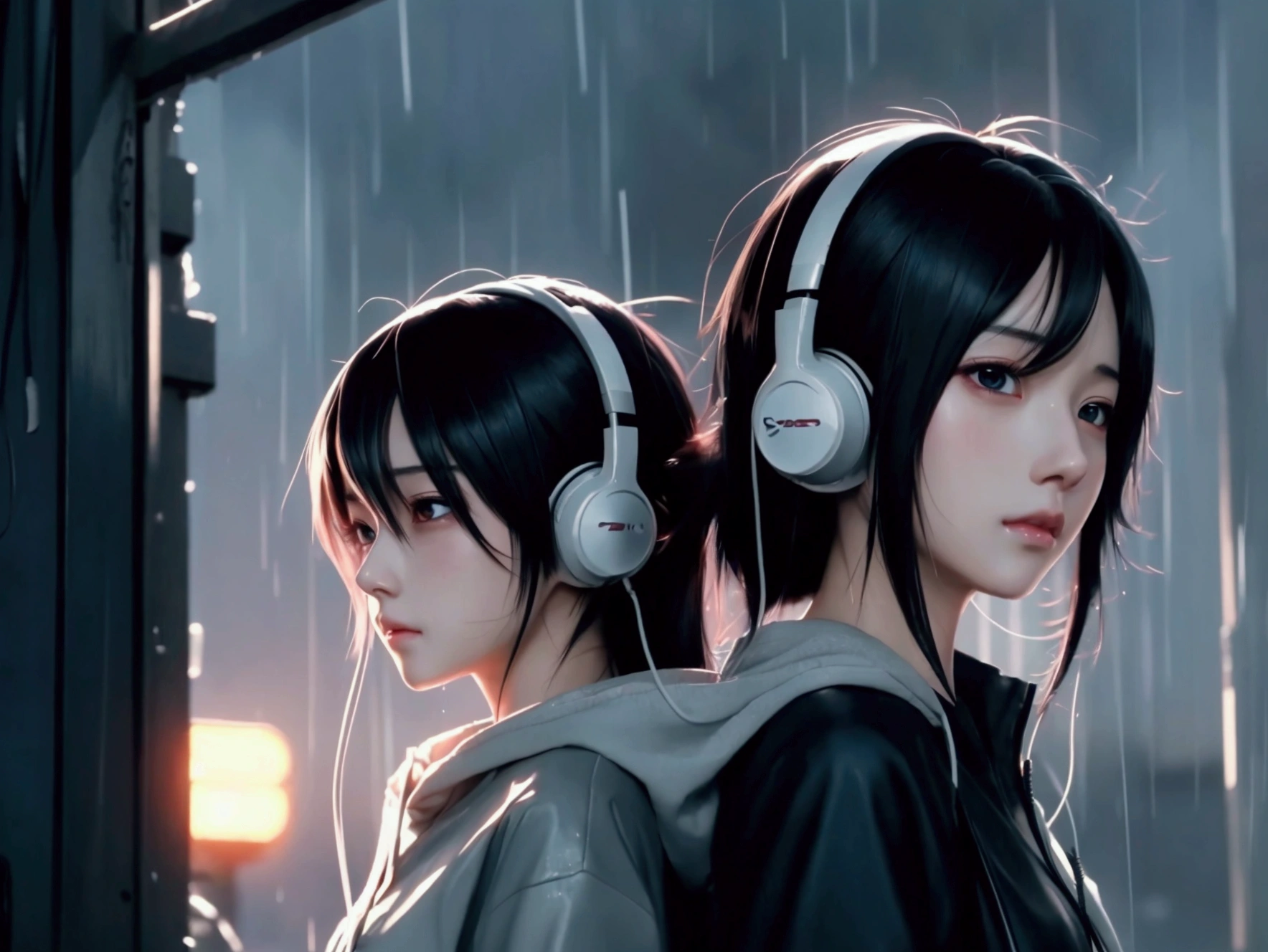 anime couple in the rain with headphones on, anime style 4 k, nightcore, artwork in the style of guweiz, with headphones, anime art wallpaper 4k, anime art wallpaper 4 k, lofi artstyle, loish and ross tran, 4k anime wallpaper, headphones, emotional concept art, anime wallpaper 4k, anime wallpaper 4 k