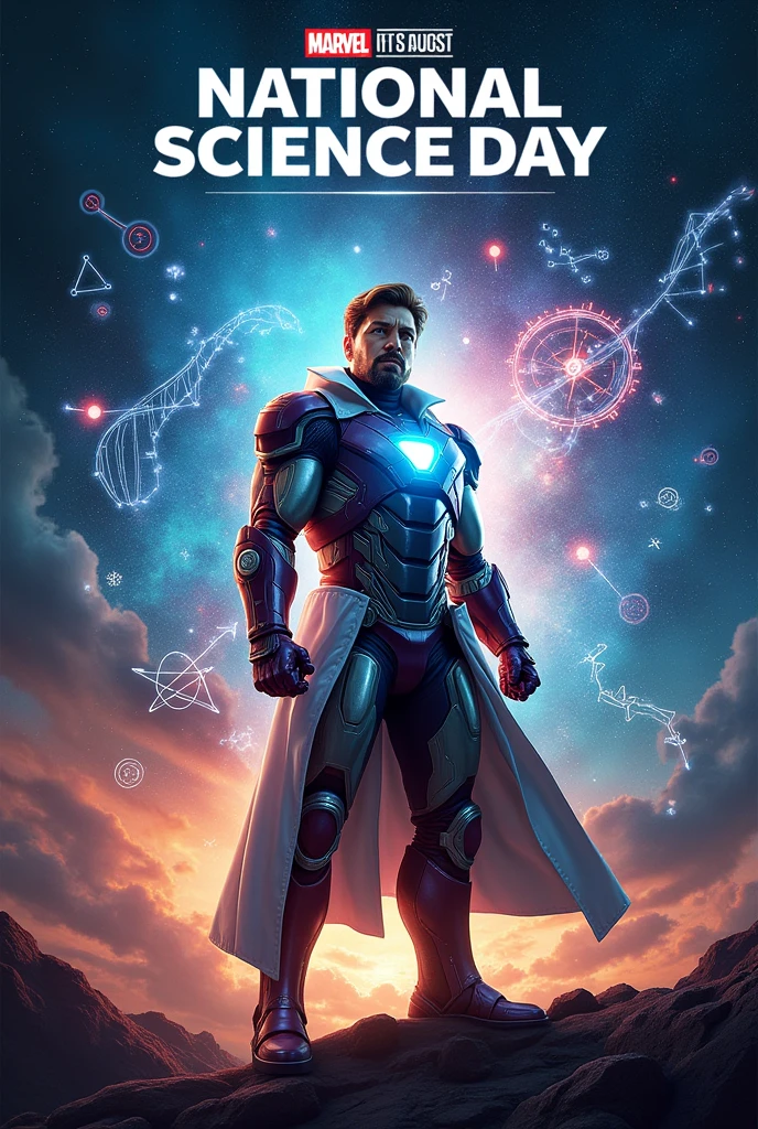 "A movie-style poster inspired by the Marvel theme, celebrating National Science Day. The background is dramatic with a dark, cosmic scene featuring swirling galaxies and vibrant nebulae. At the center, a heroic figure resembling a scientist is depicted in a powerful, dynamic pose, wearing a high-tech suit similar to Iron Man's armor, but with elements like lab equipment integrated into the design. The scientist is holding advanced gadgets in one hand, with the other hand projecting holographic scientific formulas and molecular structures. Surrounding the figure are other iconic science-related imagery like a DNA helix, an atom, and a glowing microscope. The top of the poster features bold, cinematic text: 'National Science Day' with the subheading '18 August'. The overall style is epic, action-packed, and captures the excitement of scientific discovery, as seen through the lens of a superhero movie ไม่เอาป้ายมาเซล

