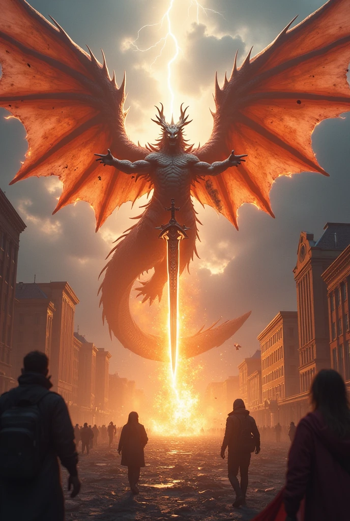 An archangel with 6 wings and a sword fighting a giant red dragon in the sky with thunder around. There is light around the archangel and fire around the dragon. Below people look at this battle with fear, there are people running to their homes and some destroyed houses throughout the scene.