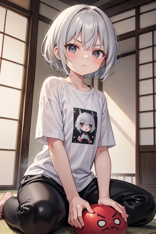 In the summer daytime, in a Japanese-style room,detailed background,beautiful background,BREAK he is sitting on tatami,
BREAK
A old male,Short Hair,Gray Hair,grandfather,T shirts,black pants,Tsundere,red cheek,black eyes,Childhood Friend BREAK he folds his arms, with wrinkles between his brows. angry face,An aura of anger (emanating:1.5) rises from his body. break masterpiece,best quality,super detailed,super fine illustration,8k,cute,