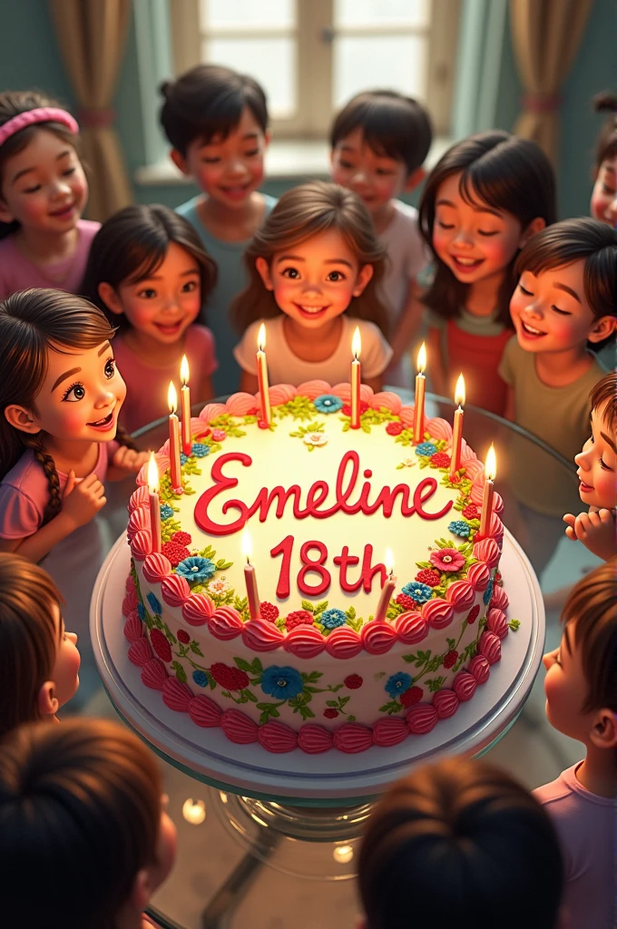 Le nom " ÉMELINE" est sur un gâteau d'anniversaire multicolore et magnifique avec le texte "18 ans" audessus et au milieu du gâteau. Le gâteau est posé sur une table en verre et le texte "27 Octobre 2006 " est sur cette table et au centre . tout autour se trouve de jolis enfants fille comme garçons celebrant un anniversaire.