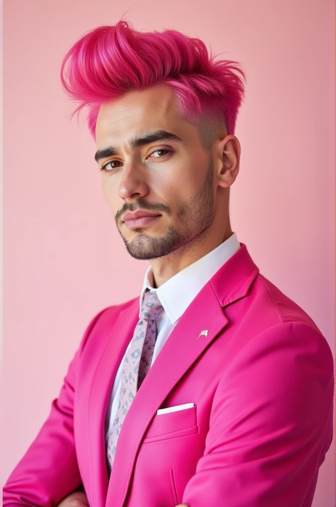 White man with pink hair in a pink suit