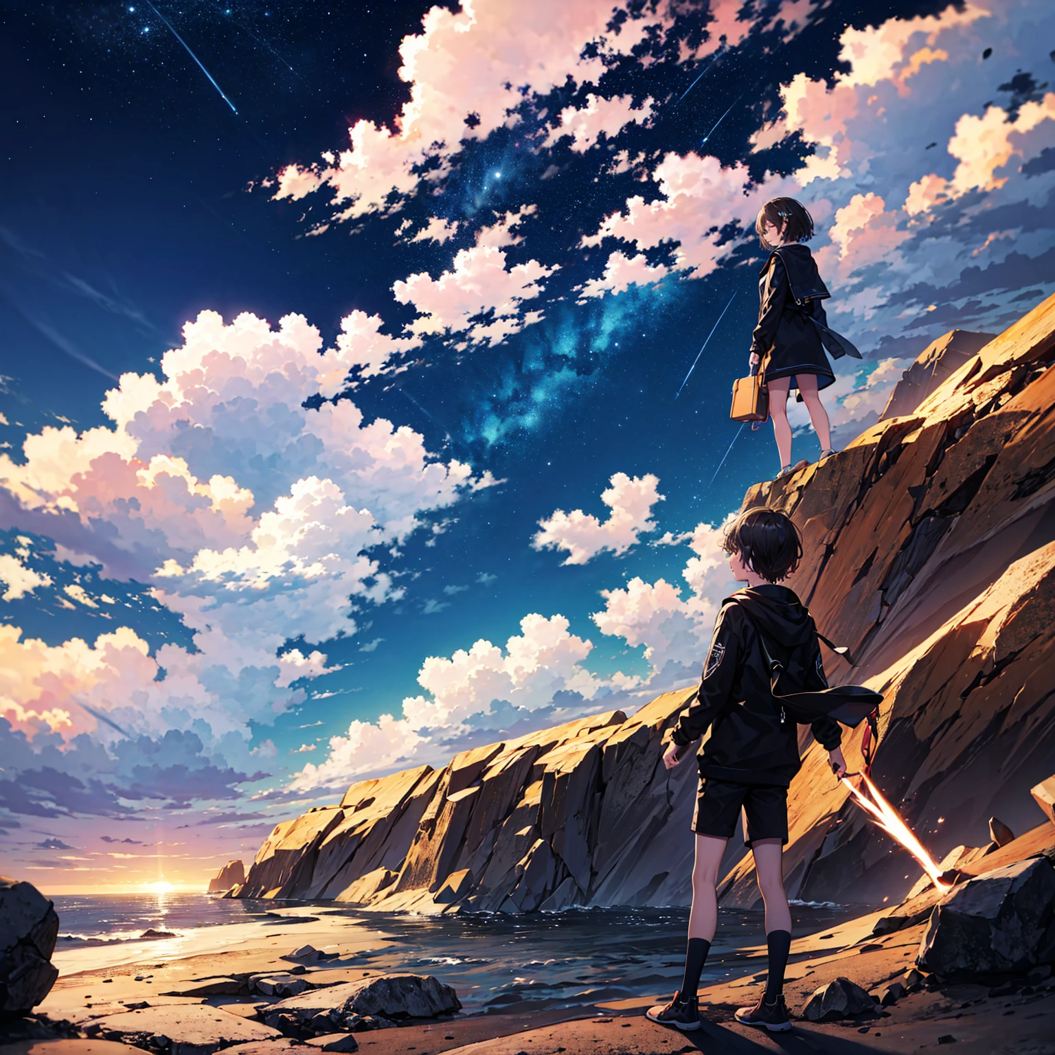 best quality,highres,4k,illustration,Dark blue theme,Night sky,cloud, midnight ,cloud,camera flash,night stars
