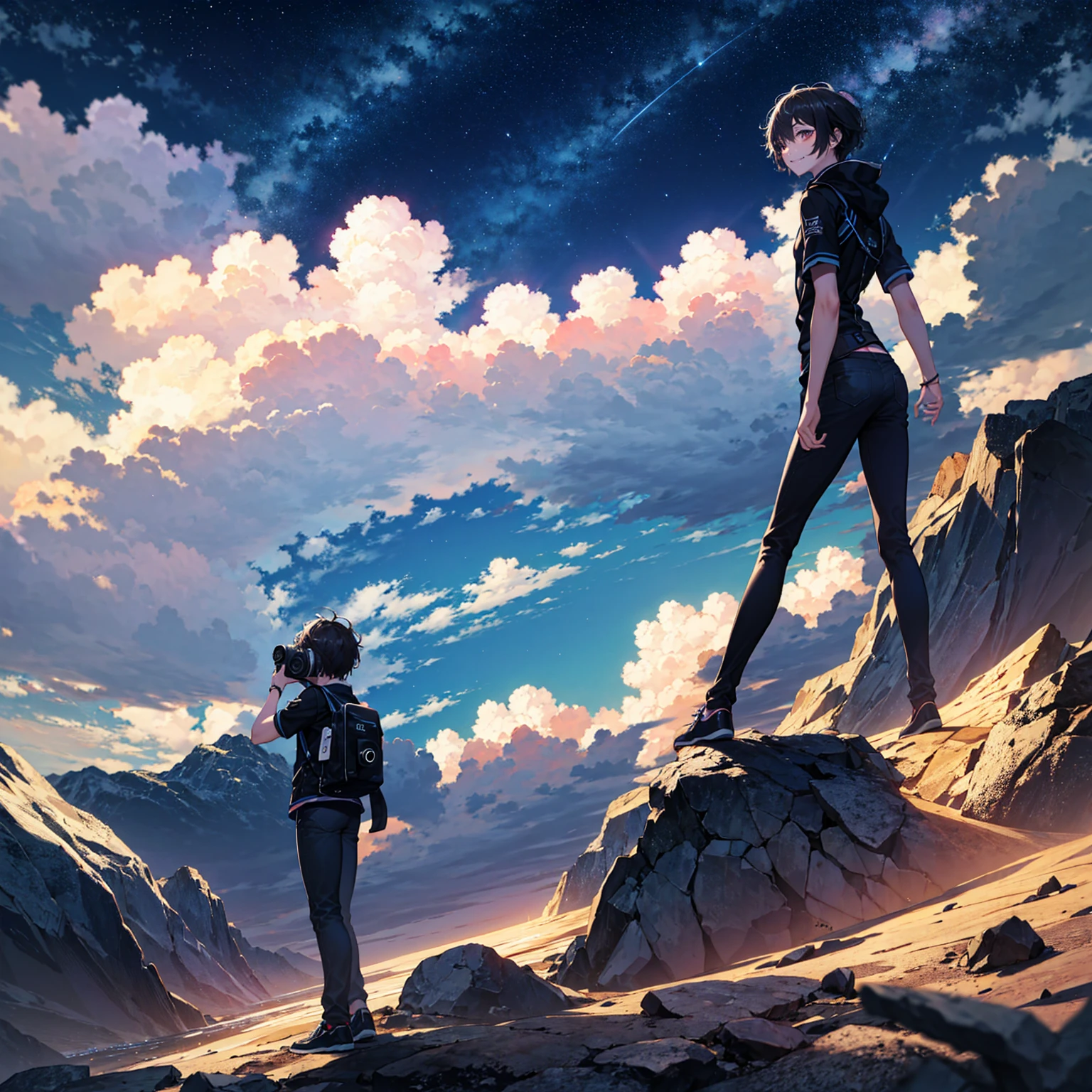 best quality,highres,4k,illustration,Dark blue theme,Night sky,cloud, midnight ,cloud,camera flash,night stars