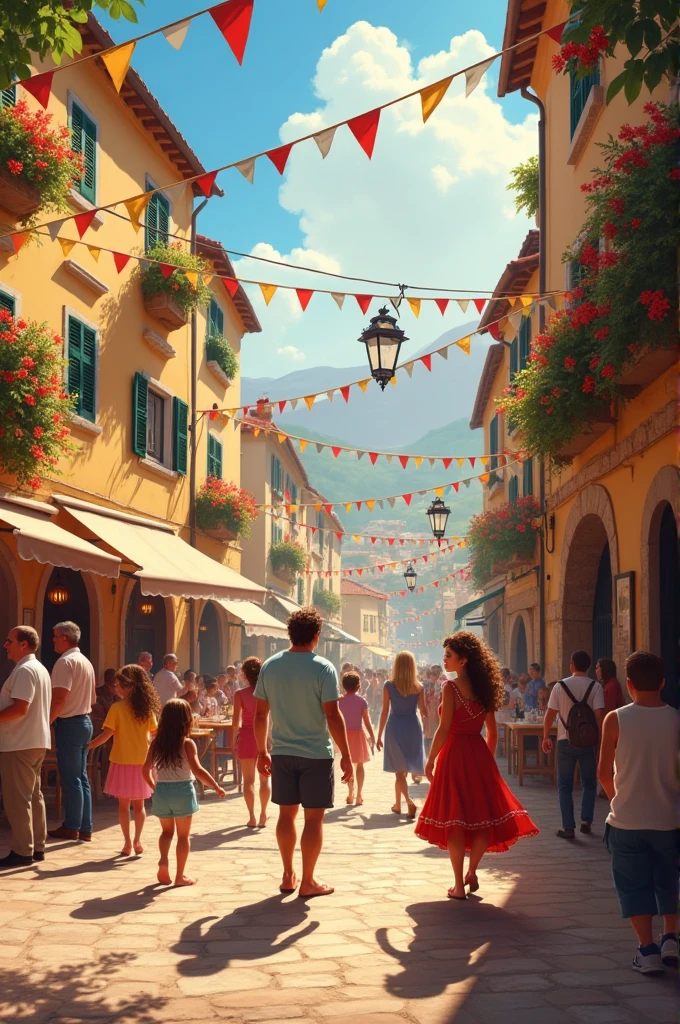 draw a square in a picturesque Italian town, with people dancing, talking and celebrating and 1 man and 1 woman and their two young daughters looking on