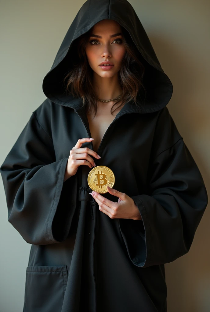 A very sexy woman in oversized clothes holding a bitcoin
