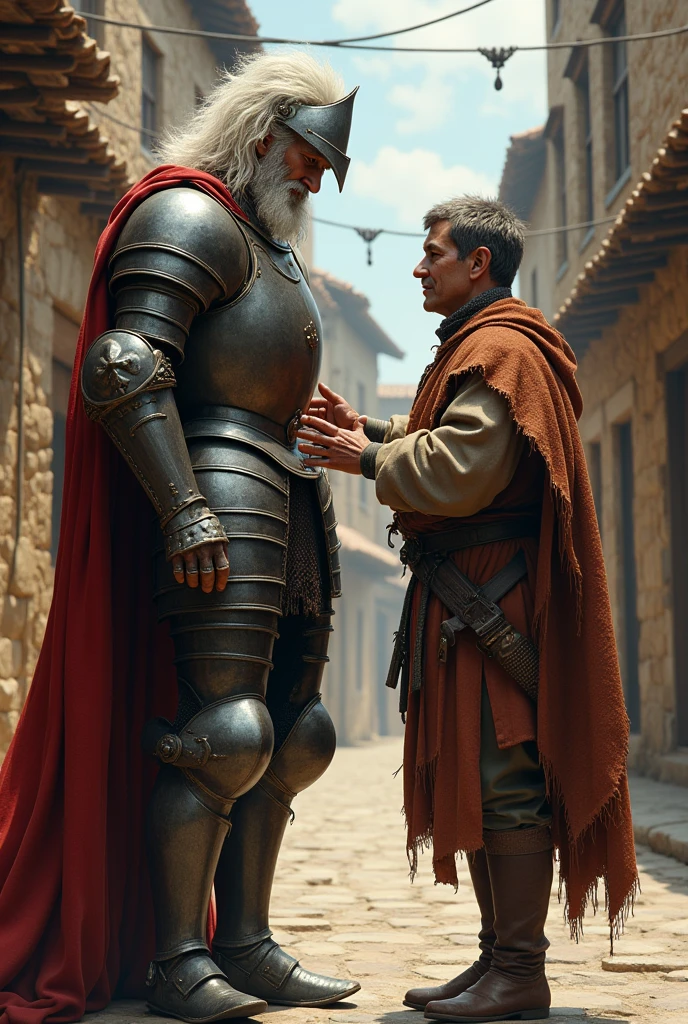 Don Quixote of La Mancha with medieval iron armor and helmet, old man with white and crazy hair having a pat on the back from a man from the town