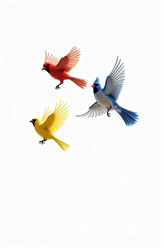 Three birds flying from paradise, one yellow, one red, one blue on a white background