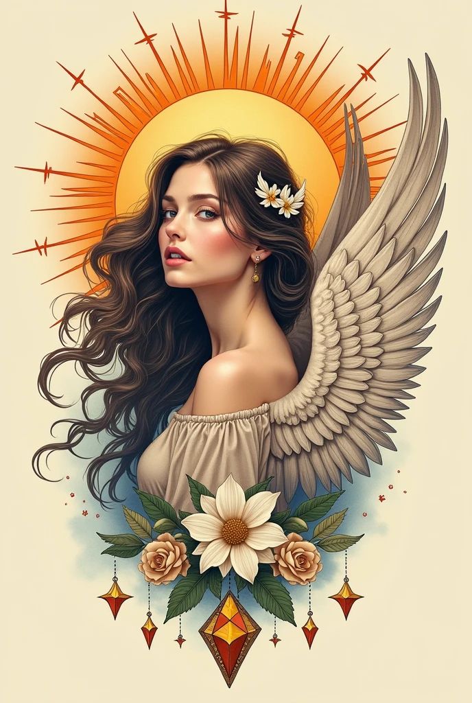 Tattoo template, woman, sun, Angel, diamond