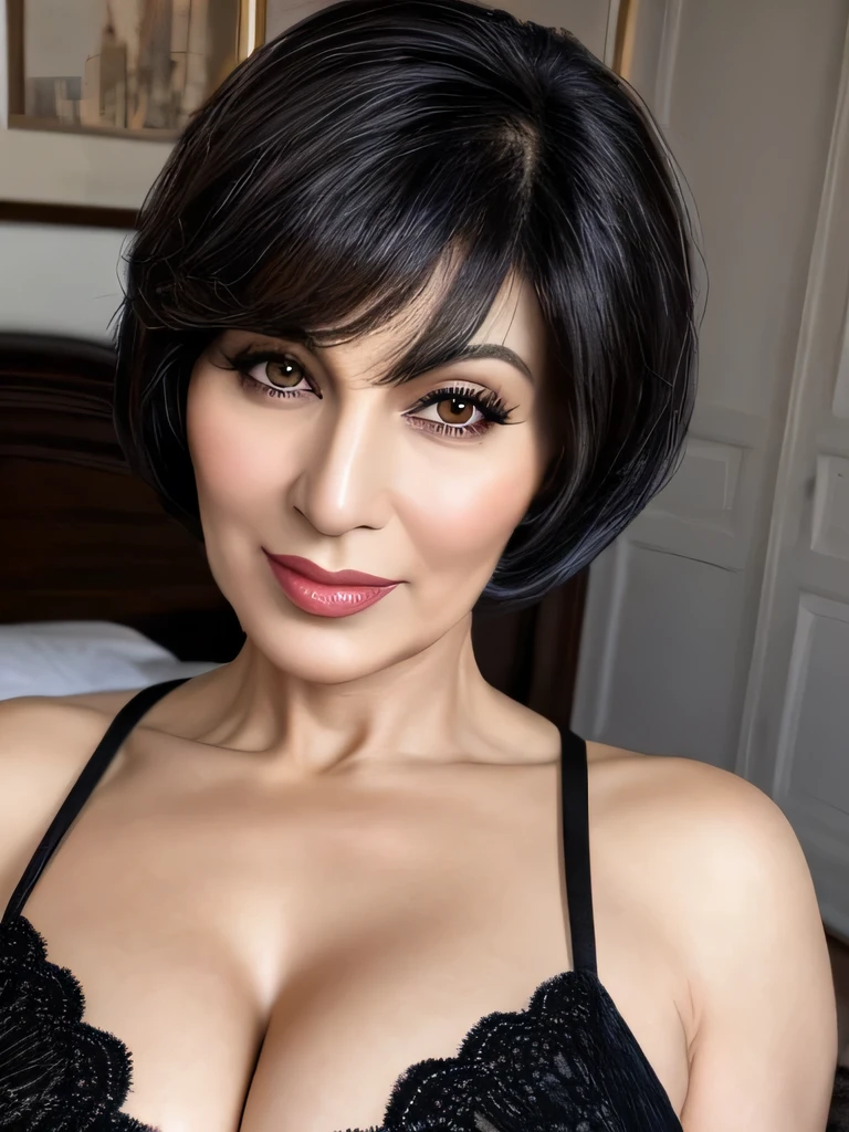 A beautiful mature woman, iranian, (black bobcut hair), (55 years old), huge breasts, wide hips, detailed facial features, seductive expression, elegant dress, inviting body language, bedroom interior, soft lighting, warm colors, detailed texture, photorealistic, cinematic composition, masterpiece, award-winning artist