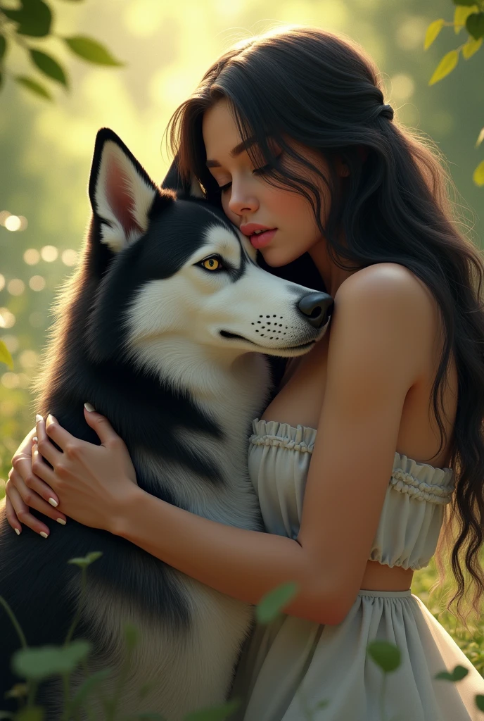A black-haired white woman hugging a black and white husky.