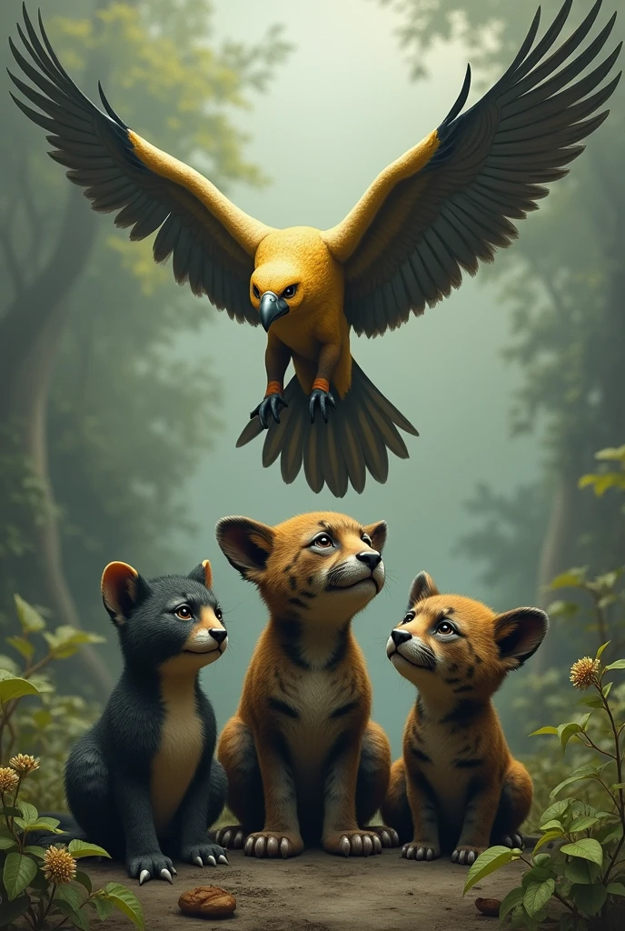  the animals giant anteater, jaguar and maned wolf cubs and sad with golden caracara on top flying high

