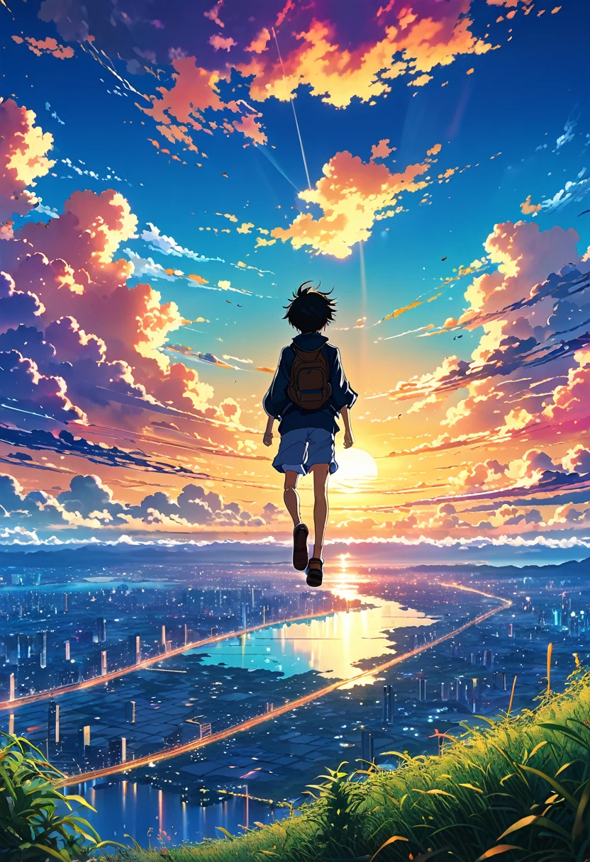 Anime landscape of The image shows a boy falling from the sky in the distance in the air, sunset, seen from afar, a beautiful colorful anime scene, seen from afar, a beautiful anime scene of peace, Makoto Shinkai Cyril Rolando, beautiful anime scene , amazing wallpaper, anime art wallpaper 8k, anime background, artistic anime background, anime wallpaper 4k, anime art wallpaper 4k, anime art 4k wallpaper,