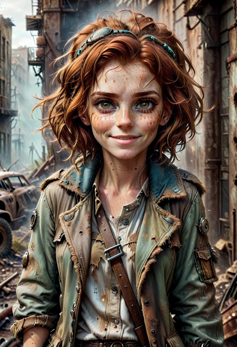 (Realistic:1.2), ultra detailed, modern analog style, photorealistic cute woman, chestnut hair, tattered outwear, post-apocalyptic, detailed face, beautiful eyes, (shy smile:0.7), freckles, holding a big staff, exhausted after another battle, dramatic, faded colours, soft focus, soft naturally lighting, looking directly to the camera, centered image, elegant, approaching perfection, hyper realystic, bokeh, cannon 6d, blured post-apocalyptic background 