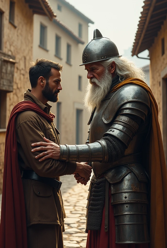 Don Quixote of La Mancha with medieval iron armor and helmet, old man with white and crazy hair having a pat on the back from a man from the town