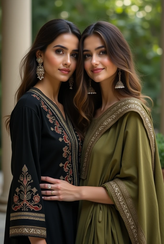 Women wearing black embroidered shirt with olive green dupatta pakistani style