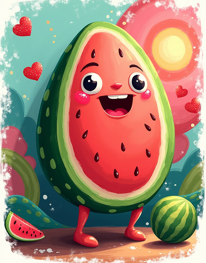 A whimsical watermelon illustration,vibrant colors,bold line