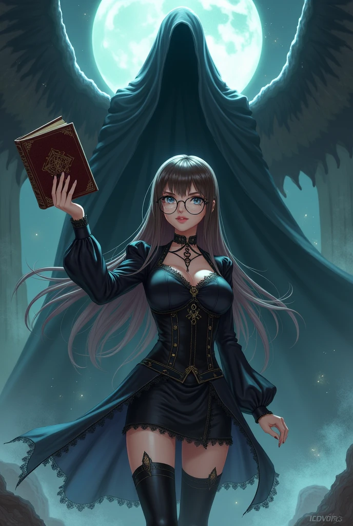 White woman in anime, big-ass, long brown straight hair with bangs, dark shaped eyes, round eyeglasses, with black corset, Black Skirt, above all, black socks and black boots, holding a leather book and casting magic next to the God of Death.