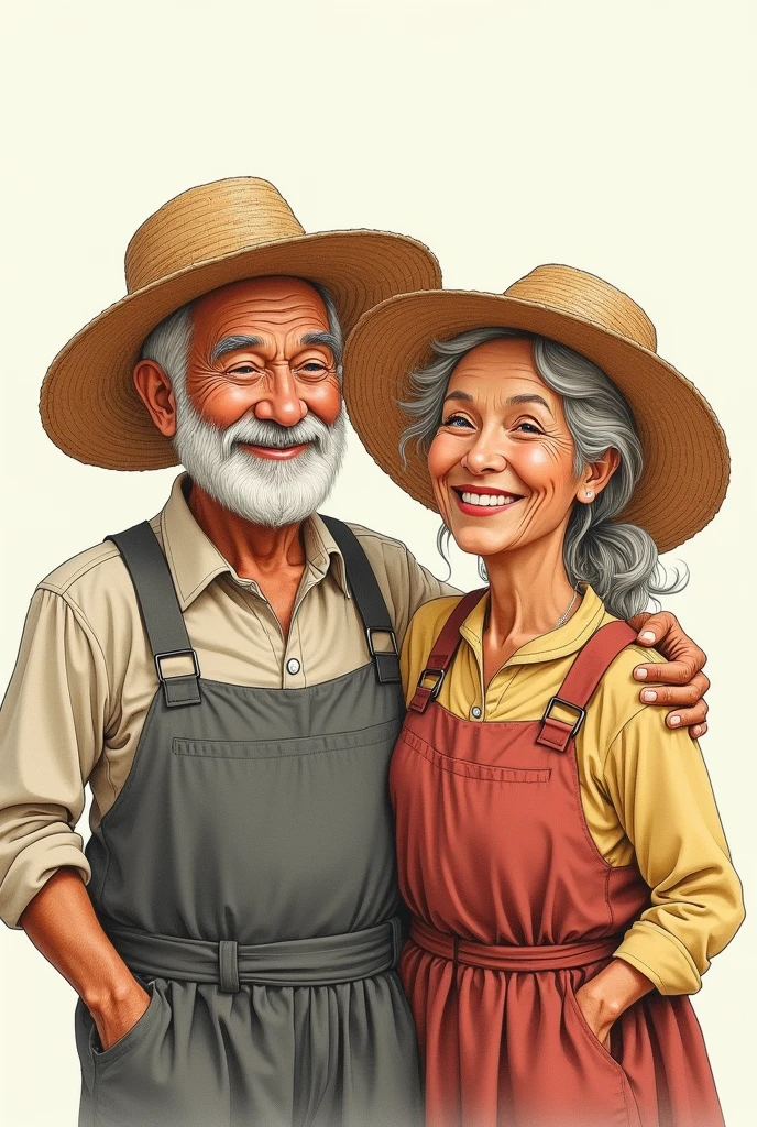 hand drawing,  front-facing, country elders, man and woman of the same age, white  hair, straw hat, looking happy, 