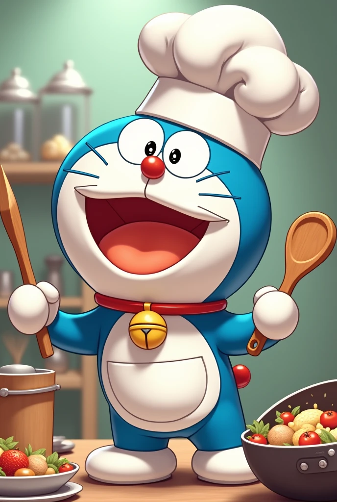 In the image, doraemon, the cosmic cat, would be wearing a classic chef uniform, with a white chef's hat and matching apron. You could be holding kitchen utensils like a wooden spoon or a frying pan., with a happy and curious expression on his blue face. Her signature magic bag would have kitchen-related items peeking out, as ingredients, Futuristic culinary utensils or gadgets.