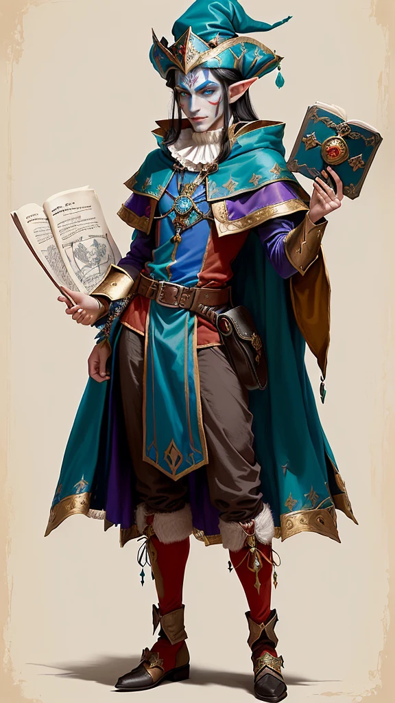 a woman in a costume and a hat, court jester in renaissance era, medieval jester, court jester, fantasy character art, bard jester character sheet, male jester, fantasy character design, fantasy character, complex fantasy character, inspired by Fra Bartolomeo, inspired by james christensen, gerald brom style, jester, jester themed, michael hussar, fantasy genre portrait, elf, high elf, elf character, black hair, dark hair, midnight hair, turquoise eyes, light blue eyes, cyan eyes colour, backpack, wearing a backpack, 6'3" tall, tall character, belt pouch, pouch on belt, coin pouch, clown makeup, face paint, wearing clown makeup, full body, show full character, full portrait art