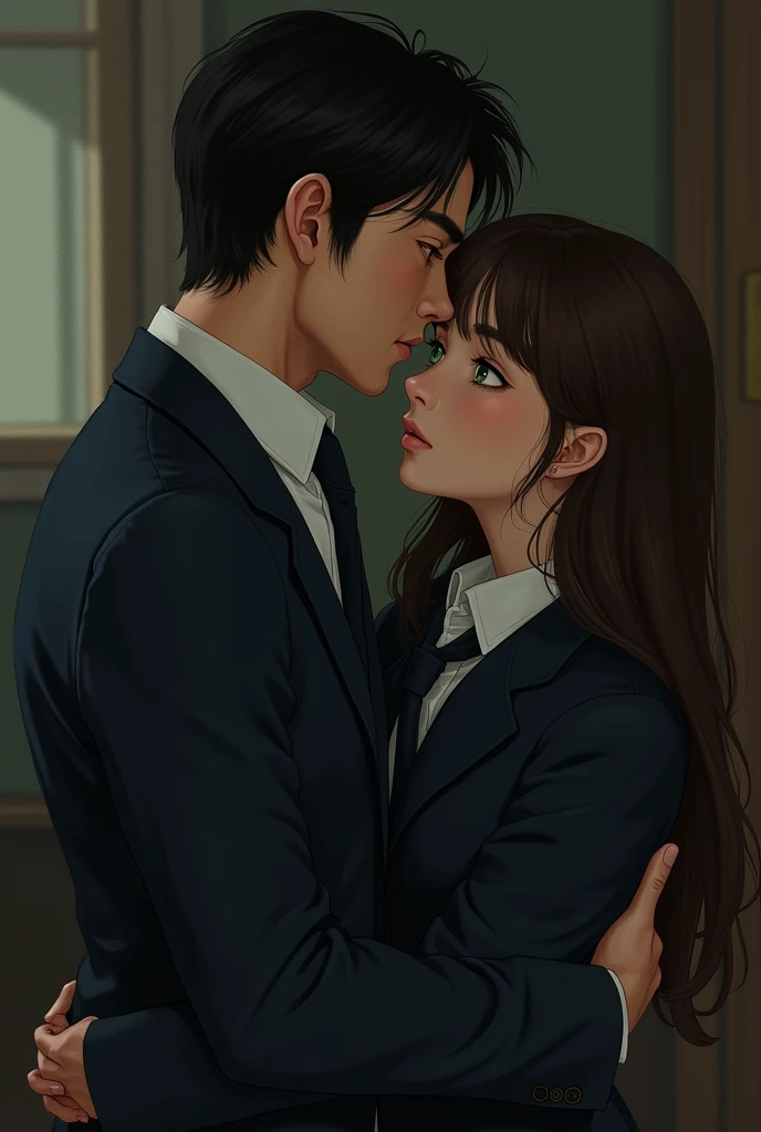 - a man and a girl, the girl hug him from behind with wrapping her arms around his neck while the man looks like he wants to escape from her 
- both of them are wearing boarding school uniform
- the girl is brown hair and brown eyes while the man is black hair and green eyes
 