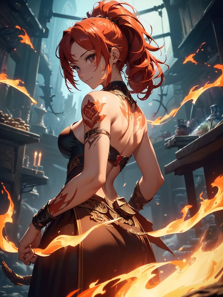 (((best quality, sharp image, clear image, cinematic lighting, 8k resolution, masterpiece, ultra detailed, intricate))) Girl, (((looking over left shoulder))), (shot from behind), fire mage, ((intricate background)), ((chaotic background)), red hair, smiling, ((flame runes, flame sigils)), (tatoo on back), slim figure, flying sigils