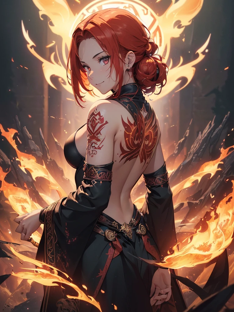 (((best quality, sharp image, clear image, cinematic lighting, 8k resolution, masterpiece, ultra detailed, intricate))) Girl, (((looking over left shoulder))), (shot from behind), fire mage, ((intricate background)), ((chaotic background)), red hair, smiling, ((flame runes, flame sigils)), (tatoo on back), slim figure, flying sigils