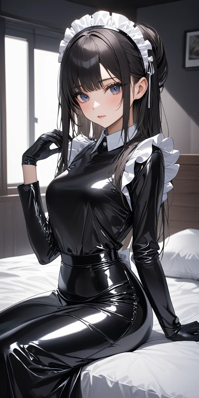 Portraiture、(masterpiece,Highest quality,Ultra-high resolution),Japanese women, Maid Headband、(((A very beautiful 25 year old))),(Black Latex Maid Clothing)、(((Black latex long skirt)))、(A long-sleeved black latex shirt covering the upper body)、Black latex long gloves、Black Latex Tights、Latex is very shiny、Dark room at night、Sitting on the bed、Front view